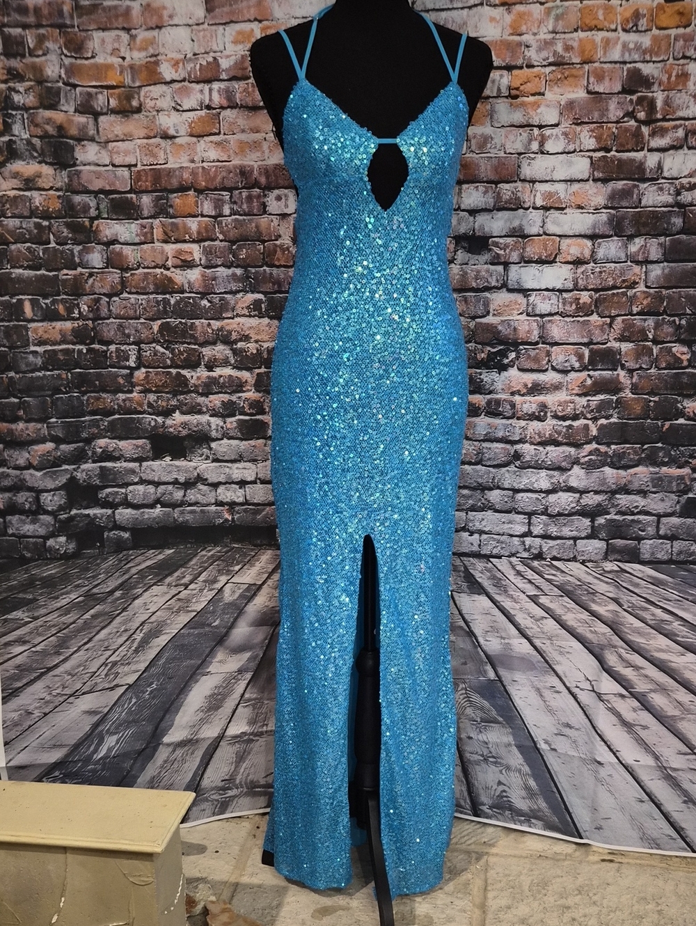 Oh Polly Turquoise Sequin Keyhole Prom Gown with Front Slit